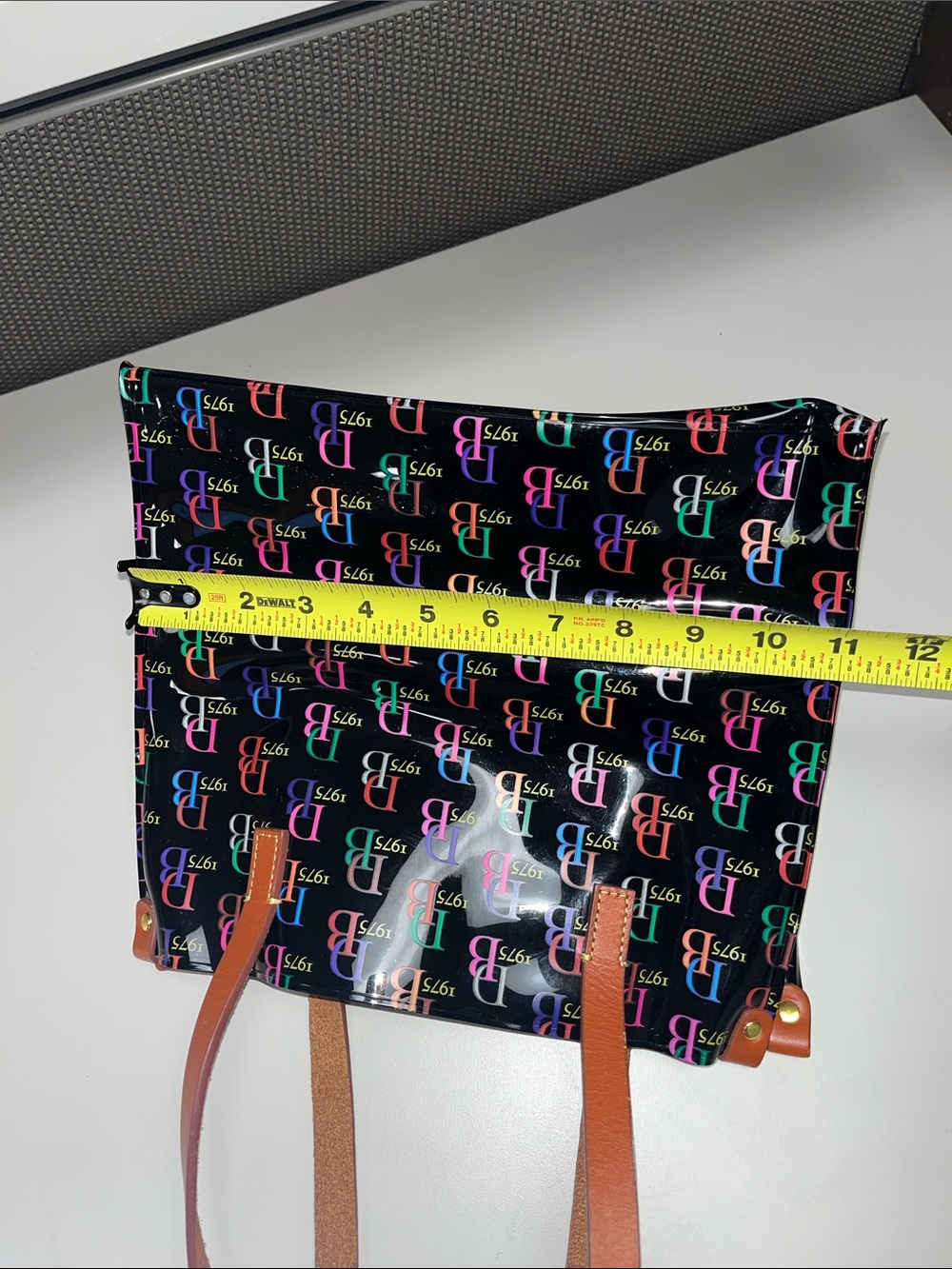 Dooney & Bourke Black Patent Tote with Multicolor DB Logo and Tan Straps - Picture 9 of 10